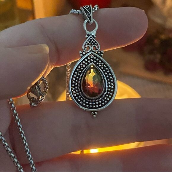 Bi-Color Tourmaline Green Pink Sterling Silver Pendant Necklace - Picture 1 of 4